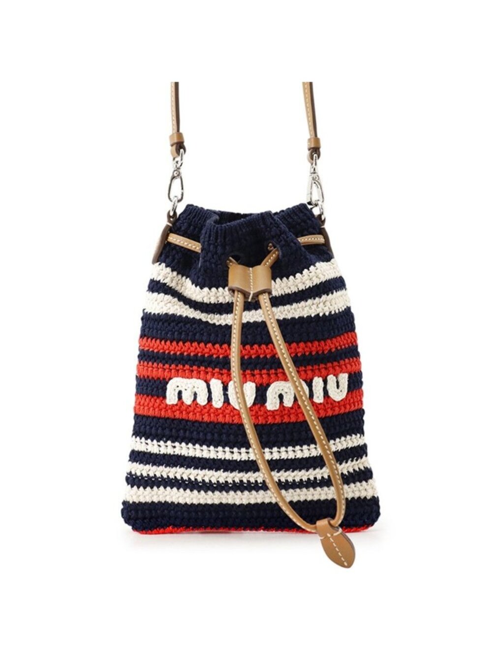 Miu Miu Shoulder Bag Clochette Border Drawstring Cotton Leather